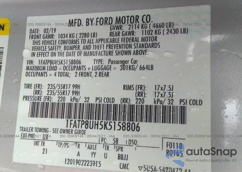 2019 Ford Mustang Ecoboost from USA, damaged, VIN 1FATP8UH5K5158806